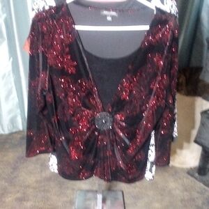 Red Sequin Ruched Blouse with Three-Quarter Sleeves